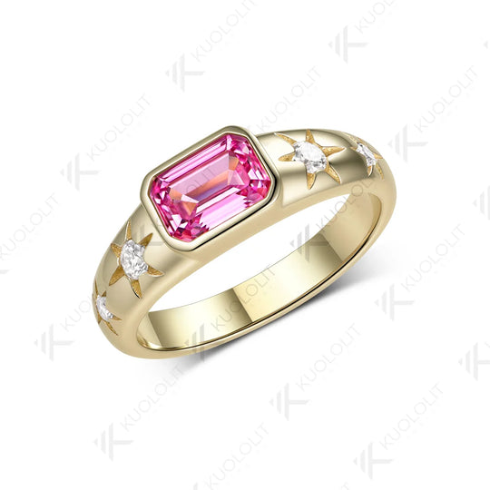 Kuololit 1CT Lab Grown Pink Sapphire Custom Ring for Women Solid 14K 10K 585 Yellow Gold Engagement Ring for Christmas Gifts