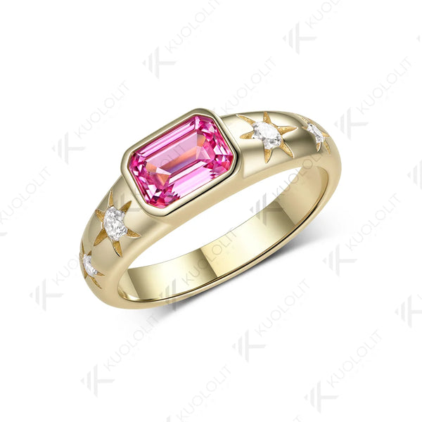 Kuololit 1CT Lab Grown Pink Sapphire Custom Ring for Women Solid 14K 10K 585 Yellow Gold Engagement Ring for Christmas Gifts