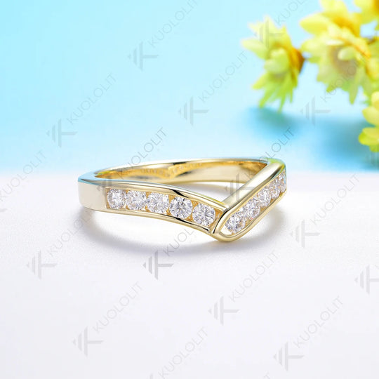 Kuololit 0.5ctw Moissantie V Band Rings for Women Solid 585 14K Gold Matching Band Set Ring for Anniversary Classic Christmas