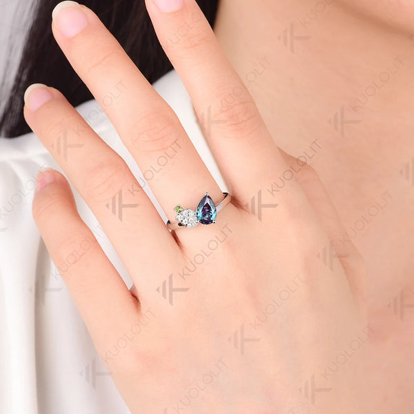 Kuololit 1.5CT Lab Grown Alexandrite Diamond  Rings for Women Solid 18K 14K 10K 585 White Gold Peridot  Ring for Christmas Gifts