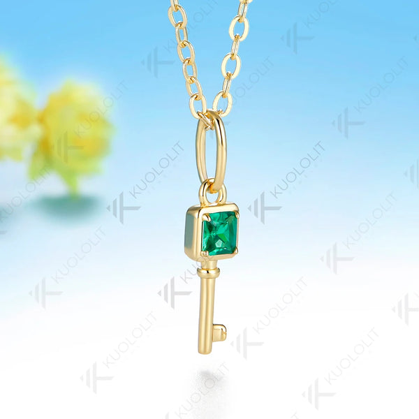 Kuololit Key Pendant Lab Grown Emerald Pink Sapphire Moissanite for Women Solid Yellow Gold No Chain