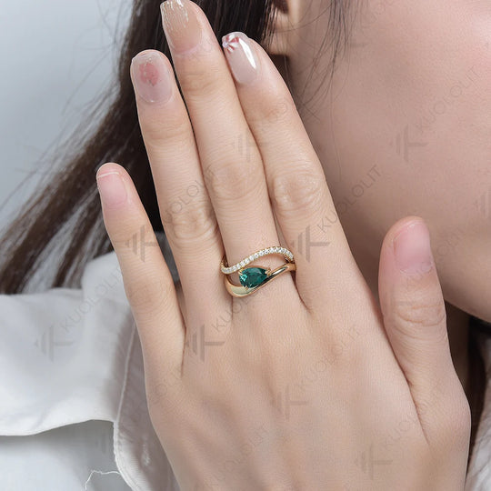 Kuololit 1.5CT Pear Cut Lab Grown Emerald Sets Engagement Rings for Men Women Solid 10K 14K 18K Gold For Wedding Christmas Gift