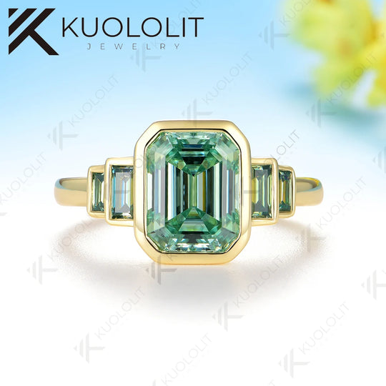 Kuololit 3CT Cyan Moissanite Ring for Women Solid 14K 10K Gold Emerald Cut Ring for Christmas Gifts Party Engagement Wedding