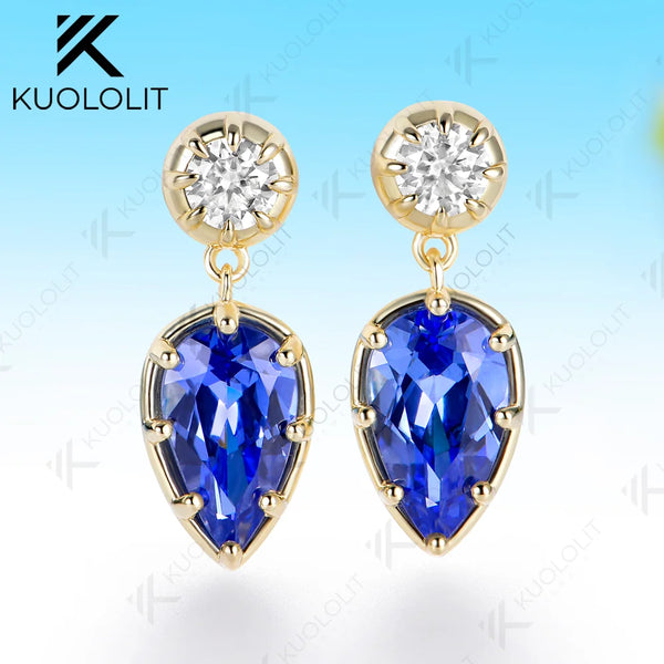Kuololit 4.6CTW Lab Grown Blue Sapphire Custom Stud Earrings for Women Solid 14K 10K 585 Yellow Gold Pear Cut for Christmas Gift