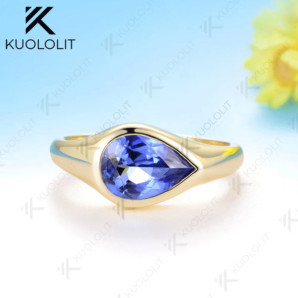 Kuololit 2CT Lab Grown Blue Sapphire Ring for Women Solid 14K 10K 585 Yellow Gold Engagement Ring for Christmas Gifts Party