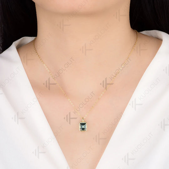 Kuololit 3CT Cyan Moissanite Lab Grown Emerald Necklace for Women Solid 14K 10K 585 Yellow Gold Emerald Cut Pendant for Christmas Gift Anniversary