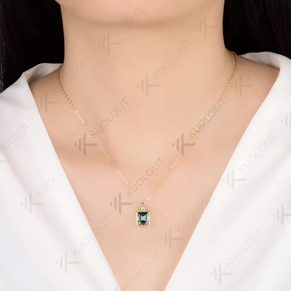Kuololit 3CT Cyan Moissanite Lab Grown Emerald Necklace for Women Solid 14K 10K 585 Yellow Gold Emerald Cut Pendant for Christmas Gift Anniversary