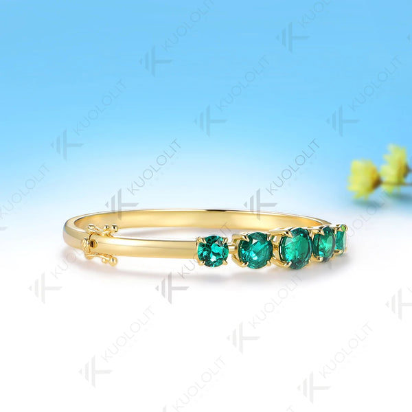 Kuololit 6CTW Round Lab Grown Emerald Custom Bangle for Women Solid 10K Yellow Gold Round Bracelet for Engagement Christmas Gift