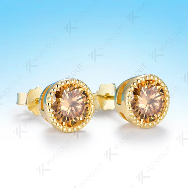 Kuololit 2.4CTW Champagne Moissanite Custom Stud Earrings for Women Solid 14K 10K 585 Yellow Gold  for Christmas Gifts Party
