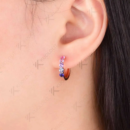 Kuololit 1CTW Rainbow Lab Grown Sapphire Hoop Earrings for Women Solid 18K 14K 10K 585 Rose Gold Clip Earring for Christmas Gift
