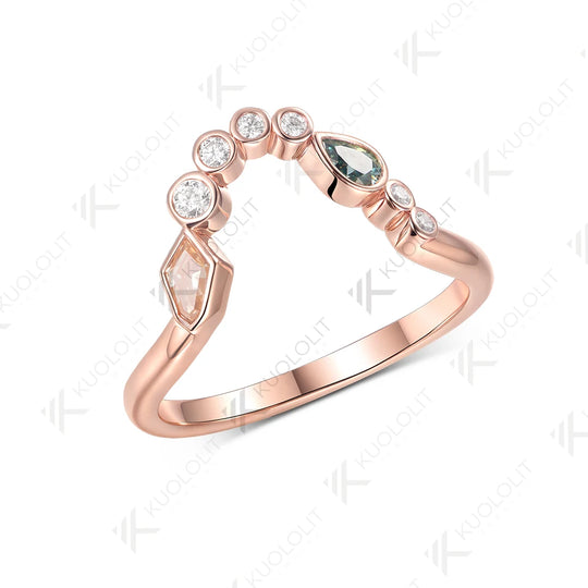 Kuololit 0.7CTW Champagne Cyan Moissanite V Ring for Women Soild 10K 14K Rose Gold Pear Cut Wedding Band for Christmas Gift