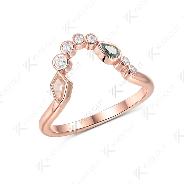Kuololit 0.7CTW Champagne Cyan Moissanite V Ring for Women Soild 10K 14K Rose Gold Pear Cut Wedding Band for Christmas Gift