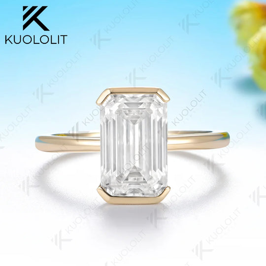 Kuololit 4CT Moissanite Custom Ring for Women Solid 14K 10K 585 Yellow Gold Emerald Cut Engagement Ring for Christmas Wedding