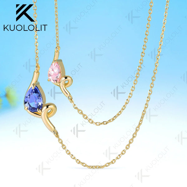 Kuololit 3CTW Lab Grown Blue Pink Sapphire Necklace for Women Solid 14K 10K 585 Yellow Gold Pear Necklace for Christmas Gifts