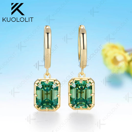Kuololit 6CTW Emerald Cut Cyan Moissanite Earrings for Women Solid 14K 10K 585 Yellow Gold Clip Earrings for Christmas Gifts