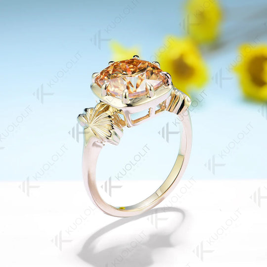 Kuololit 3.5ct Champagne Moissanite Ring for Women 585 14K 10K Yellow Gold Cushion Solitaire Halo Ring for Engagement Christmas