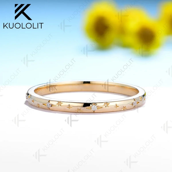 Kuololit Moissanite Band Rings for Women Men Solid 18K 14K 10K 925 Silver Yellow Gold Star Carving for Anniversary Engagement