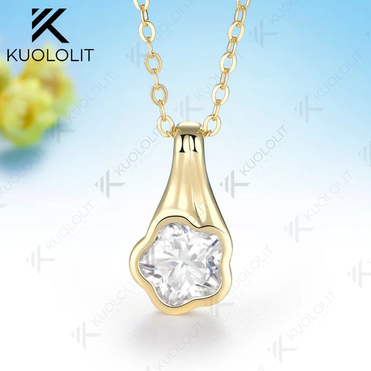 Kuololit 3CT Flower Moissanite Necklace for Women Solid 14K 10K Yellow Gold Plant Cut Pendant for Christmas Party Gift Classic