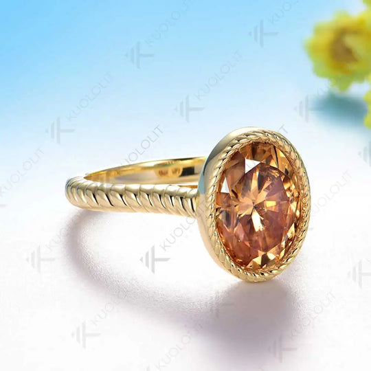 Kuololit 3.5CT Champagne Moissanite Ring for Women Soild 10K 14K Yellow Gold Bezel Set Oval Ring  for Engagement Christmas Gifts