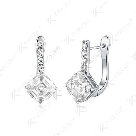 Kuololit 2CTW Moissanite Clip Earrings for Women Solid 18K 14K 10K 585 Yellow Gold Asscher Cut Earrings for Engagement Christmas