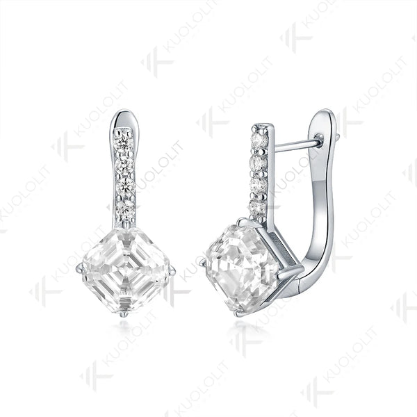 Kuololit 2CTW Moissanite Clip Earrings for Women Solid 18K 14K 10K 585 Yellow Gold Asscher Cut Earrings for Engagement Christmas