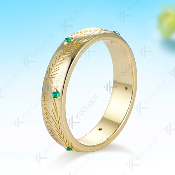 Kuololit 0.1CTW Lab Grown Emerald Band Custom Ring for Women Solid 14K 10K 585 Yellow Gold Leaf Ring for Christmas Gifts Party