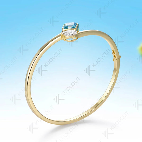 Kuololit 3.2CTW Cyan Moissanite Pear Asscher Cut Bangle for Women Solid 10K Yellow Gold Pear Bangle for Trendy Christams Gifts
