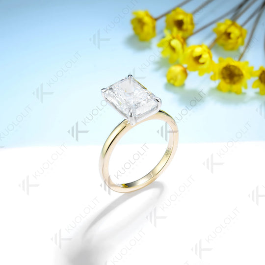 Kuololit 4CT Moissanite Rings for Women Two Tone Color Solid 14K 10K 585 Yellow Gold  Radiant Cut for Wedding Engagement Classic