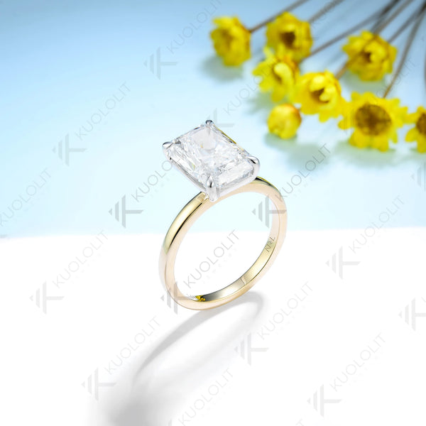 Kuololit 4CT Moissanite Rings for Women Two Tone Color Solid 14K 10K 585 Yellow Gold  Radiant Cut for Wedding Engagement Classic