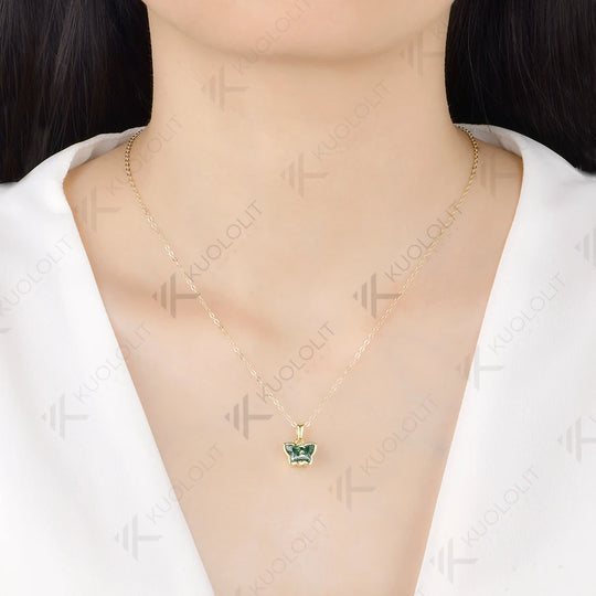 Kuololit 2CT Butterfly Cyan Moissanite Necklace for Women Solid 14K 10K Yellow Gold Animal Pedant for Christmas Party Gifts