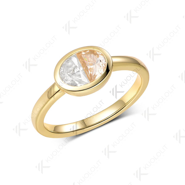 Kuololit 0.9CTW Two Half Champagne Cyan  Moissanite Ring for Women Solid14K10K 585 Yellow Gold Engagement Ring for Christmas Claasic