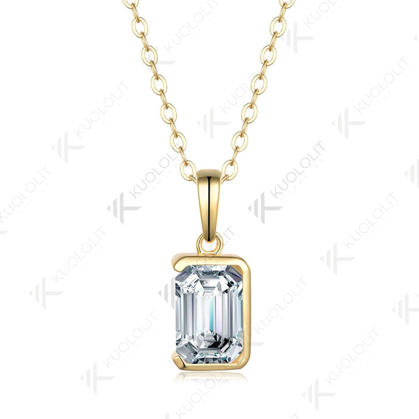 Kuololit 2.5CTW Emerald Moissanite Necklaces for Women Solid 18K 14K 10K 585 Yellow Gold Half Bezel Set Earriings for Christmas