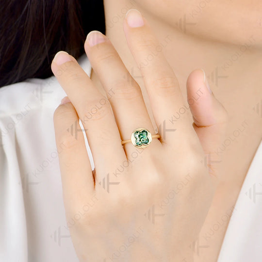Kuololit 1.5CT Four Leaf Clover Cut Unique Ring for Women Solid 14K 585 Yellow Gold Engagement Ring for Christmas Gift Party