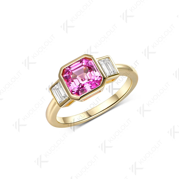 Kuololit 2CT Lab Grown Pink Sapphire Moissanite Rings for Women Solid 14K 10K 585 Yelllow Gold for Engagement Anniversary Gifts
