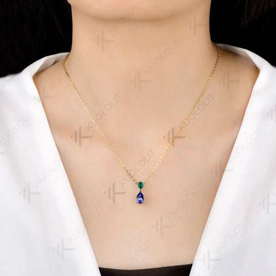 Kuololit 2CTW Lab Grown Emerald Sapphire Necklace for Women Solid 14K 10K Yellow Gold Custom Necklace for Christmas Anniversary