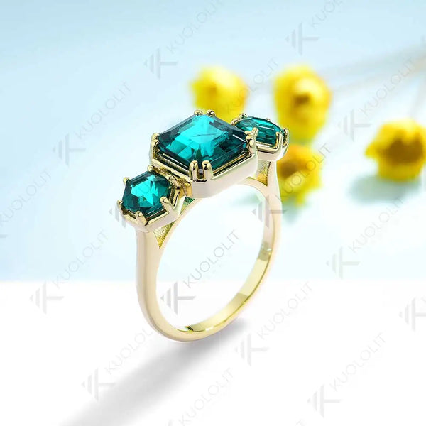 Kuololit 3.8CTW Lab Grown Emerald Rings for Women Solid 10K 585 Yelllow Gold Asscher Ring for Engagement Anniversary Engagement