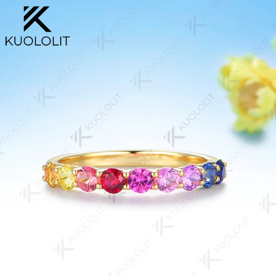 Kuololit 0.9CTW Lab Grown  Rainbow Ring for Women Solid 14K 10K 585 Yellow Gold Engagement Ring for Christmas Gifts Party New