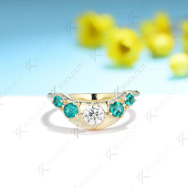 Kuololit 0.6CTW Moissanite with Lab Grown Emerald Rings for Women White Gold Solid18K 14K 10K Gold Enhancing Band for Engagement