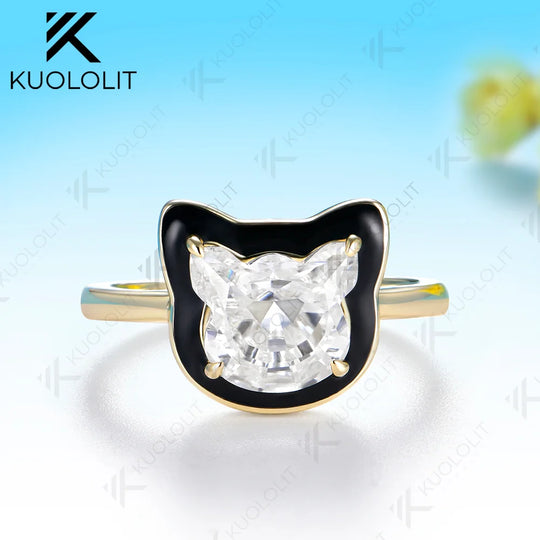 Kuololit 3CT Moissanite Black Enamel Ring for Women Solid 14K 10K 585 Yellow Gold Cat Cut Custom Ring for Christmas Gift Party