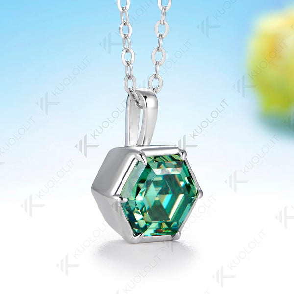 Kuololit 1.5CT Cyan Moissanite Hexagon Necklace for Women Solid 585 14K 10K Yellow Gold Ring for Engagement Christmas GiftsParty
