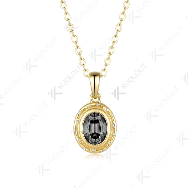 Kuololit 1.5CT OMC Grey Moissanite Necklace for Women Solid 14K 10K Yellow Gold Oval Cut Necklace for Engagement Christmas Gift