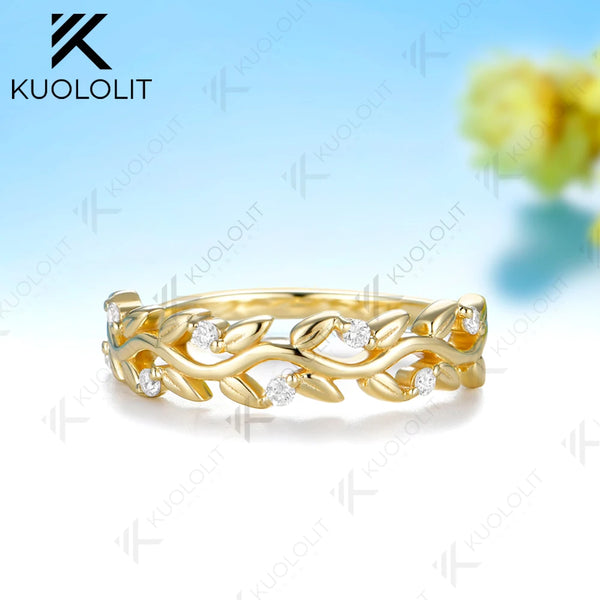 Kuololit  1.7 CTW Lab Diamond Leaf Wedding Band for Women Solid 14K 10K Yellow Gold Eternity Band Ring for Engagement Christmas