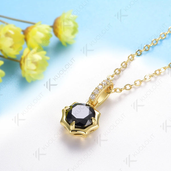 Kuololit 1CT Black Moissanite Necklace for Women Solid 18K 14K 10K 585 Yellow Gold Round Cut Moissanite Penant for Christmas