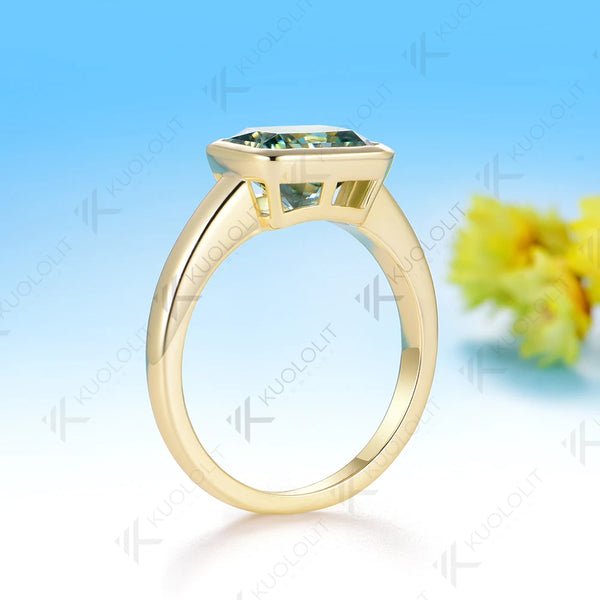 Kuololit 3CT Radiant Cut Cyan Moissanite Ring for Women Solid 14K 10K Yellow Gold Bezel Set Engagement Ring for Christmas Gifts
