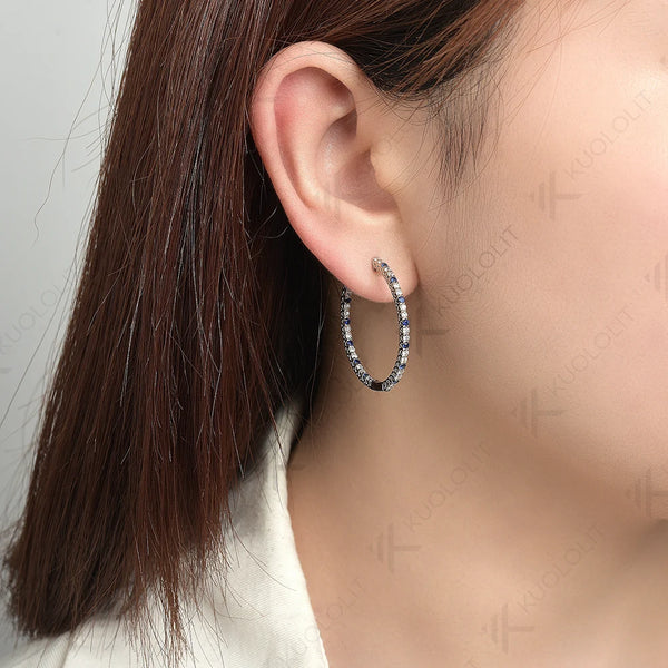 Kuololit 2.58CTW Lab Diamond Blue Sapphire Hoop Earrings for Women Solid 14K 10K 585Gold Alternate Diamond Earring for Christmas
