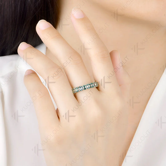 Kuololit 6.6CTW Cyan Moissanite Custom Ring for Women Solid 14K 10K 585 Yellow Gold Full Eternity Wedding Band for Christmas