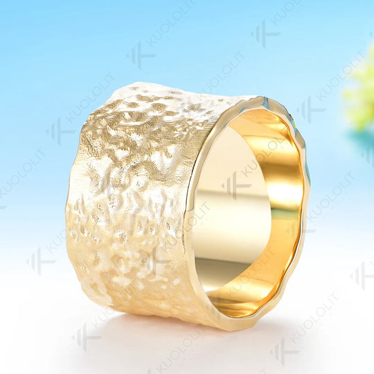 Kuololit 15mm Width Hammered Custom Ring for Men Women Solid10K Yellow Gold Handmade Ring for Anniversary Christmas Gifts Party