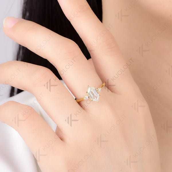 Kuololit 2CT Long Hexagon Kite Cut Moissanite Set Ring for Women Solid 14K 10K 585 Yellow Gold  for Christmas Gifts Engagement