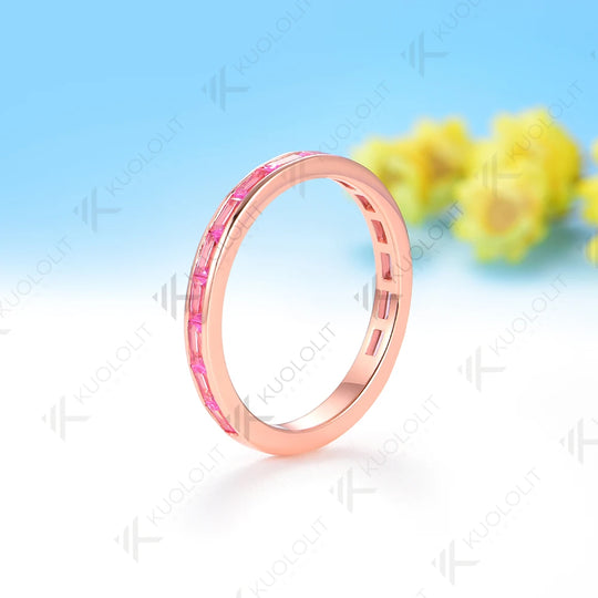 Kuololit 1.5CTW Lab Grown Pink Sapphire Channel Ring for Women Solid 10K14K 585 Rose Gold Wedding Band for Christmas Gifts