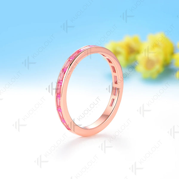 Kuololit 1.5CTW Lab Grown Pink Sapphire Channel Ring for Women Solid 10K14K 585 Rose Gold Wedding Band for Christmas Gifts